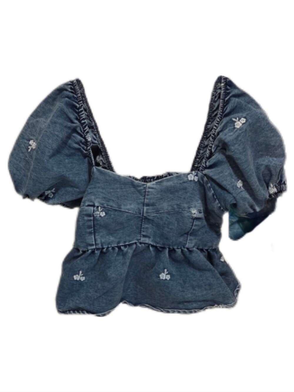 Denim Puff Sleeve Embroidered Blouse